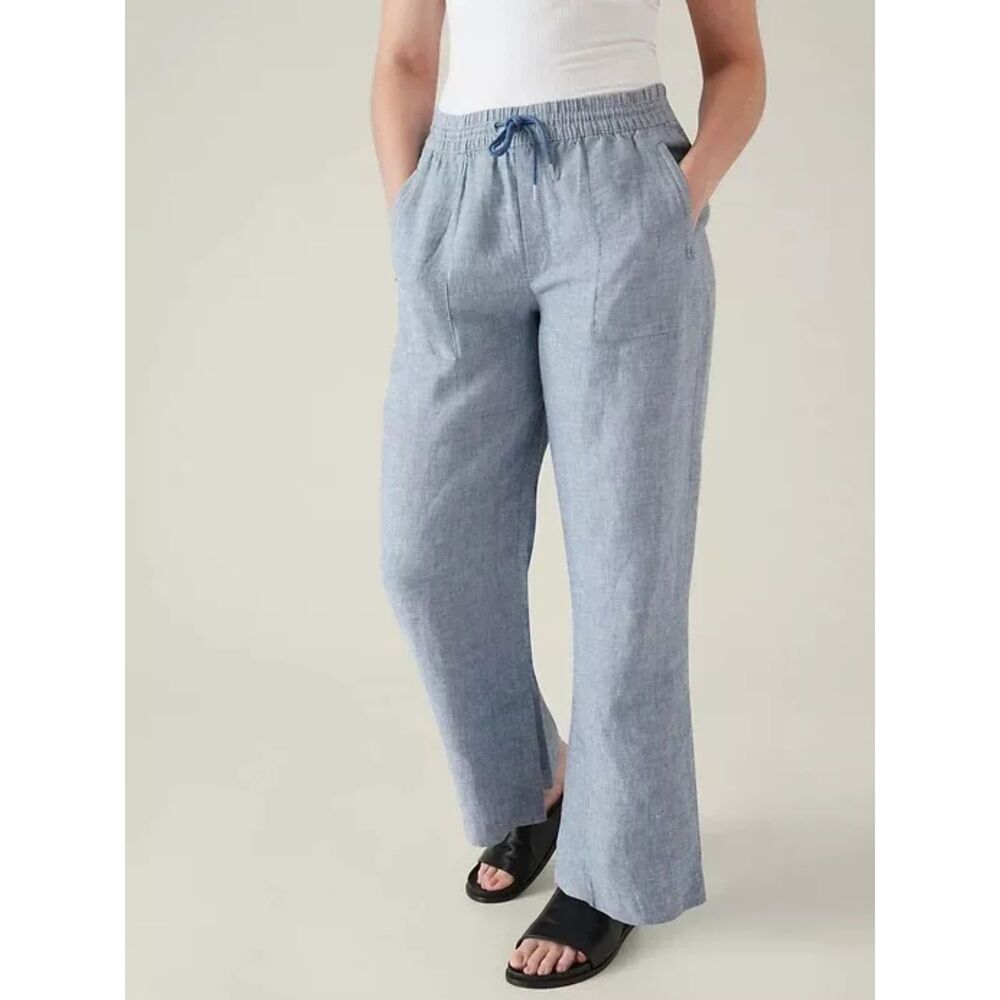 Athleta Cabo Blue Linen Wide Leg Pants Sz. 12 like new, with pockets - Picture 2 of 13